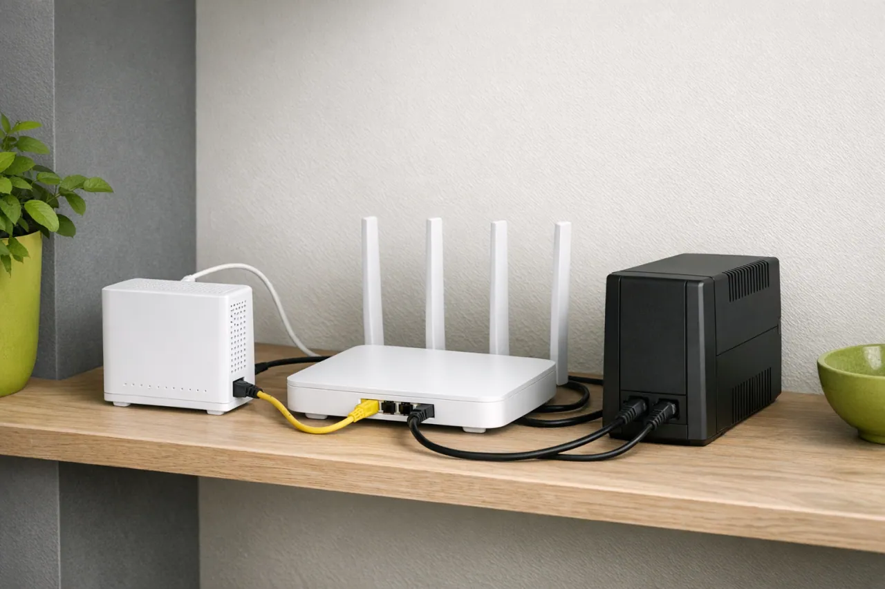 Ilustrační fotografie domácí sestavy optického terminálu, Wi-Fi routeru a UPS.